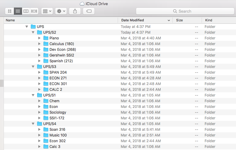 This image shows a screenshot of well-organized computer folders in iCloud deep storage. The outer folder is called "UPS" with a folder inside of it for each semester, and a folder inside of each semester labeled with the name of each class. For example, the "UPS/S2" has folders within it labeled "Piano," "Calculus (180)," "Dev Econ (268)," "Gershwin SSI2," and "Spanish (212)."