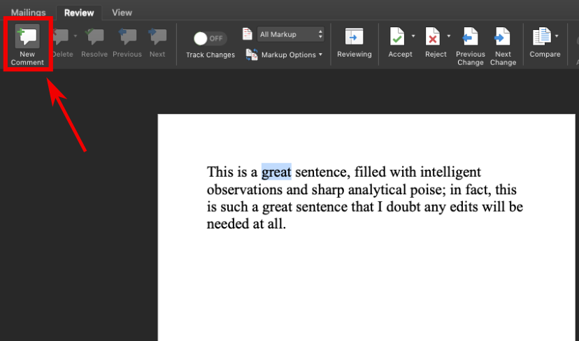 This image shows the same document as the previous image. The word "great" is highlighted (the first time it appears), and the toolbar is on the "Review" menu. The option "New comment," on the far left of the toolbar menu, is emphasized with a red box around it and an arrow pointing to it.