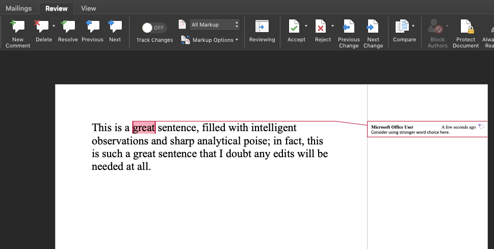 This image shows the same document previously shown, but the word "great" is highlighted in red (the first time it appears) and the following comment has been added in the right margin: "Consider using stronger word choice here."