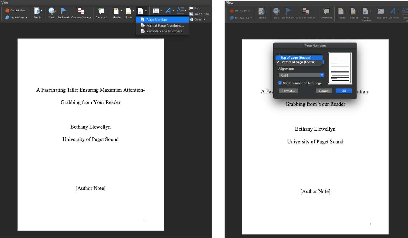 This image shows the same word document as above, duplicated in two panels on the left and right. In the left panel, the "Insert" toolbar at the top of the page is open and "Page Number" is selected, which is indicated by a graphic of a piece of paper with a number sign on it. A drop down menu is open and the option "Page Number" is highlighted. In the right hand panel, "Page Number" has been selected and a pop-up window is visible. The option "Top of page (header)" is selected, and the "Alignment" option shows "Right."