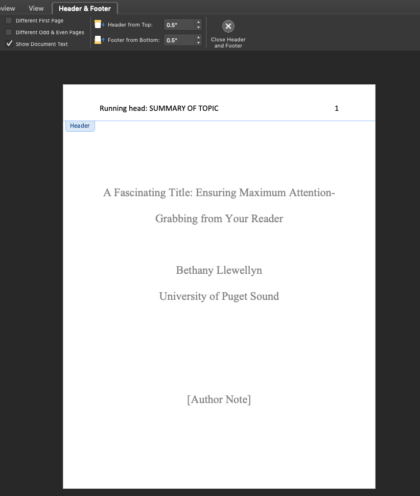 This image shows the same word document, with the header selected for editing. The text in the header reads "Running head: SUMMARY OF TOPIC" and is aligned to the left, and the number “1” is aligned to the right.