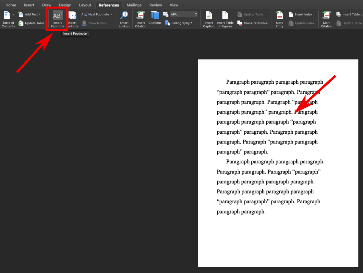 This image shows the same screenshot from the previous image, but the toolbar along the top of the program has been switched to "references." A red box and arrow emphasize the "Insert footnote" option in the toolbar. Another red arrow indicates where the cursor should be placed when inserting a footnote: right after the period of the sentence containing the reference.