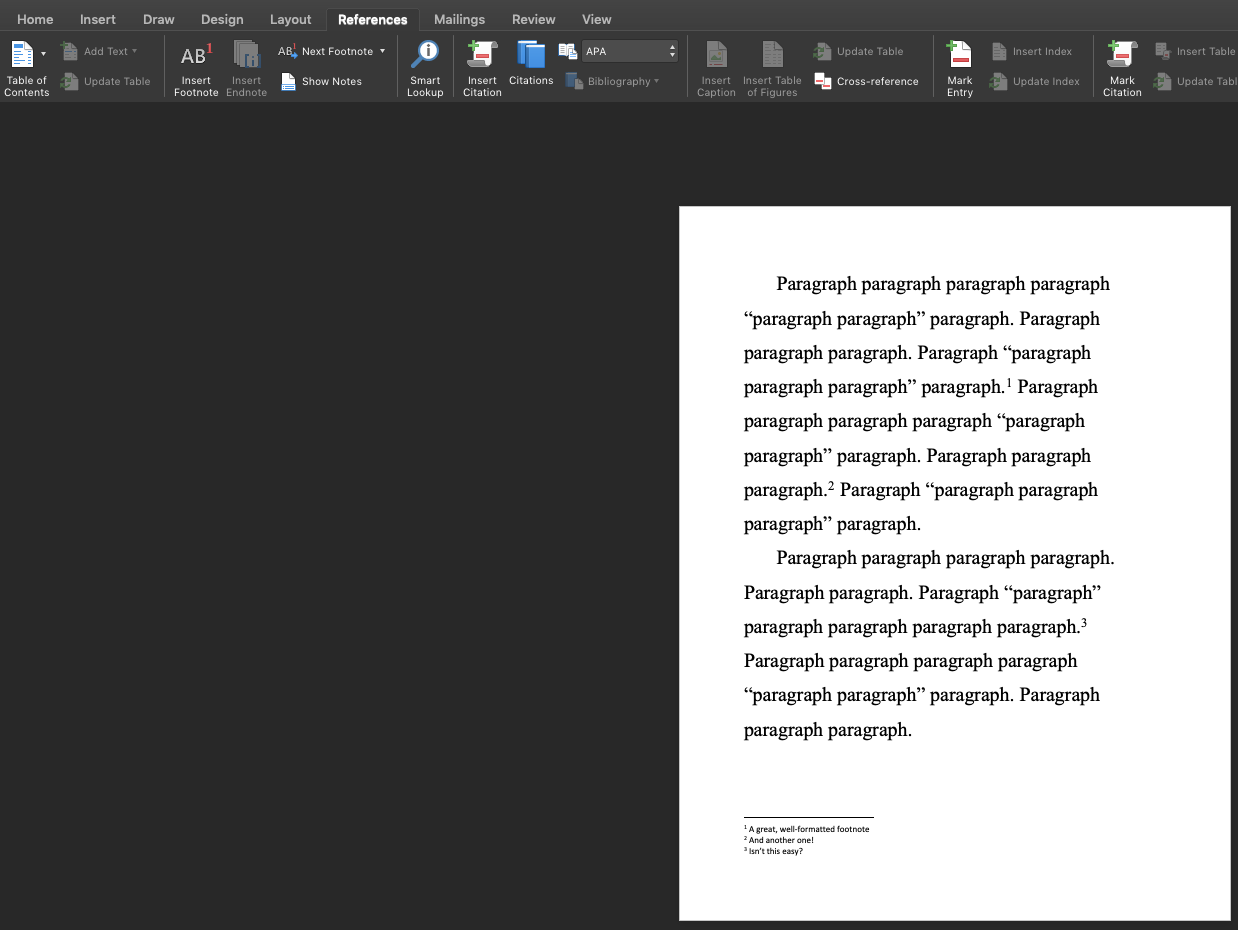This image shows a screenshot of the same word document, but with two additional footnotes added. This demonstrates how the program adds footnotes numbered corresponding to where they appear in the text.
