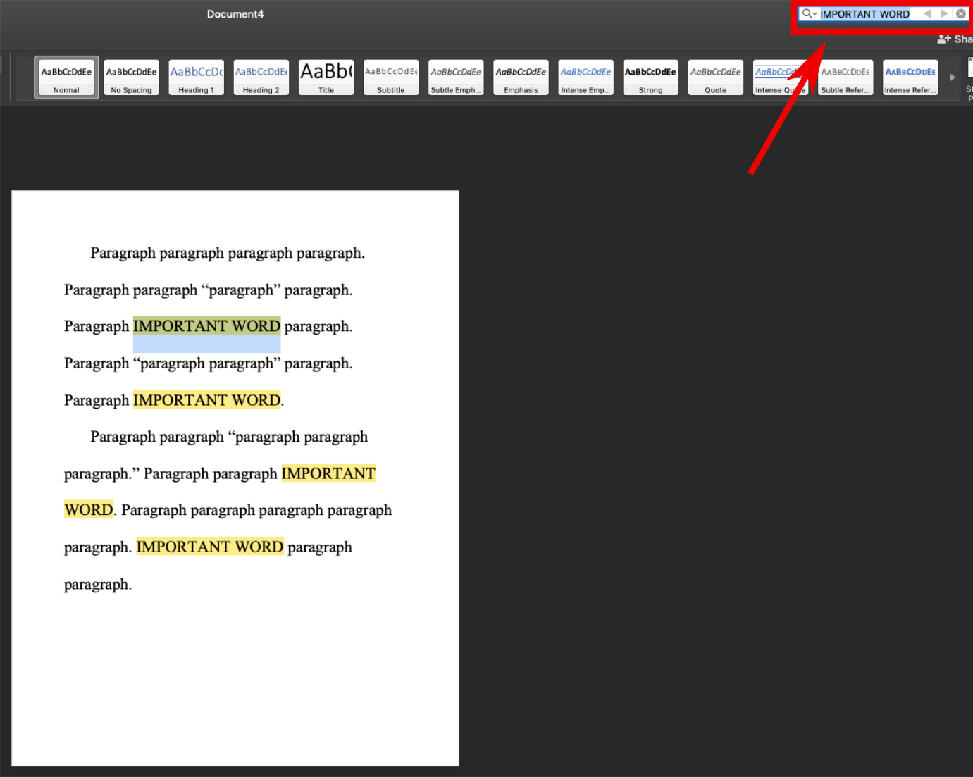This image shows the same document displayed above. The search bar in the upper right corner is emphasized, with a red box around it and a red arrow pointing to it. "IMPORTANT WORD" has been typed into the search bar, and this phrase is highlighted in yellow every place it appears in the body of the text.