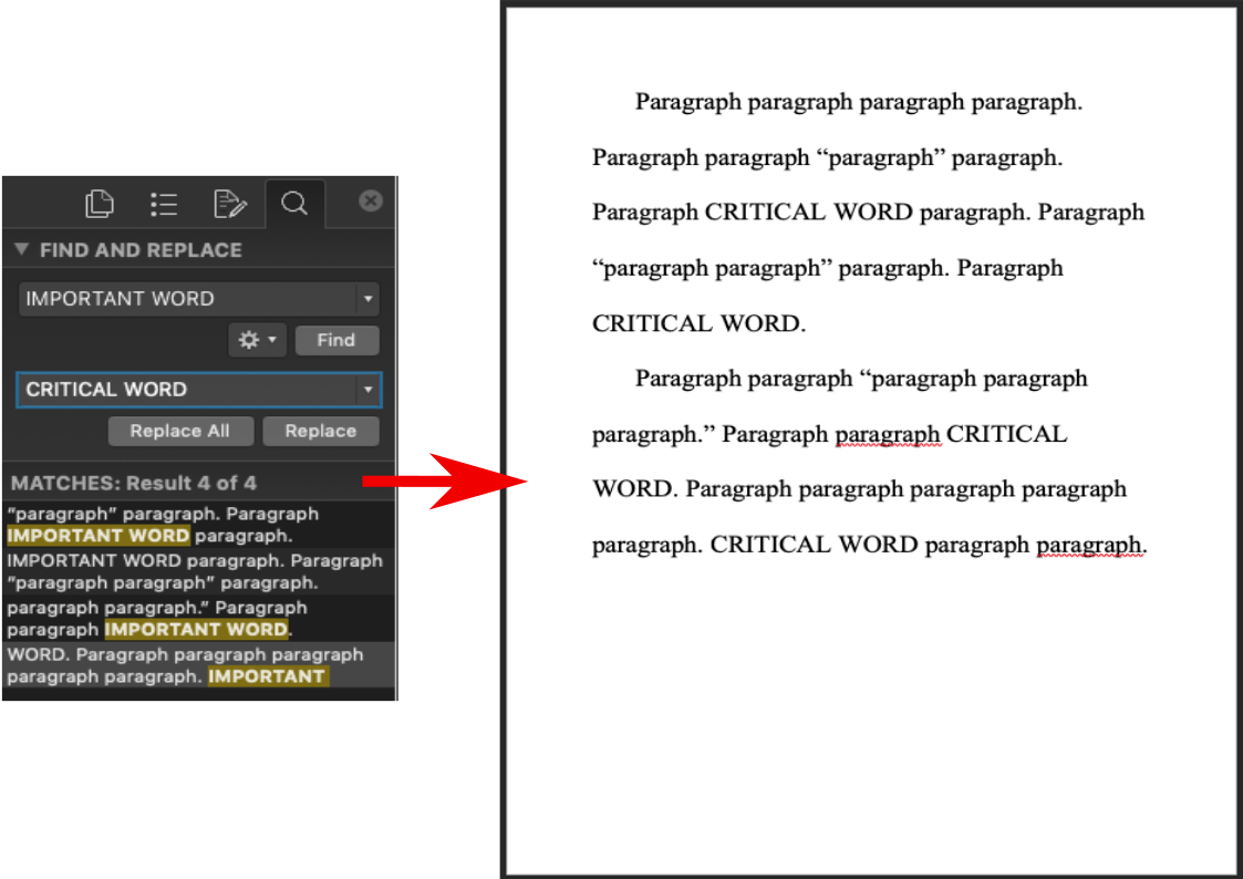 In the left-hand panel, this image shows a screenshot of the "Find and Replace" bar from the previous image, but with "CRITICAL WORD" entered into the "replace" bubble. A red arrow points from this to the right-hand panel. The right panel is a screenshot of the word document shown above, except every instance of "IMPORTANT WORD" has been replaced with "CRITICAL WORD."