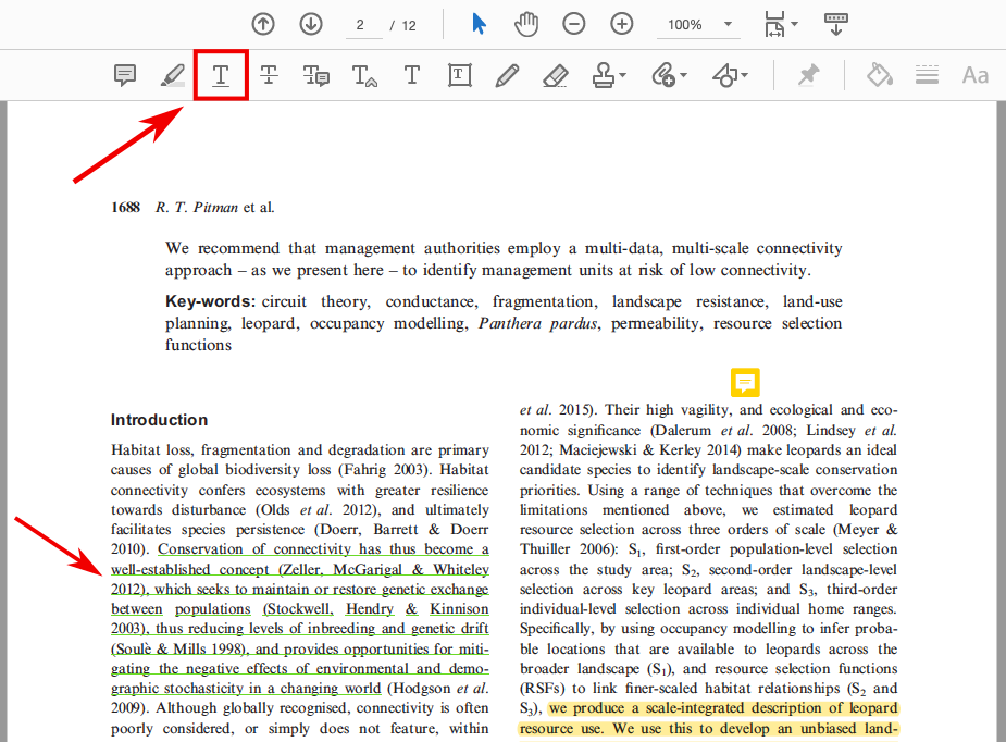 In this screenshot the underline option in the new toolbar, which is indicated by a capital "t" that is underlined, has a red box around it and is indicated by a red arrow. In the text of the article, several sentences have been underlined in green and a second red arrow points to them.