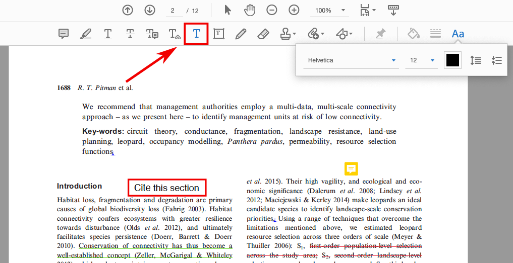 In this screenshot of the same PDF document, the add text directly button, which is simply a capital "t," has a red square around it and a red arrow pointing to it. In the article, next to the word "introduction," the text "Cite this section" has been added in a different font and is outlined in red.