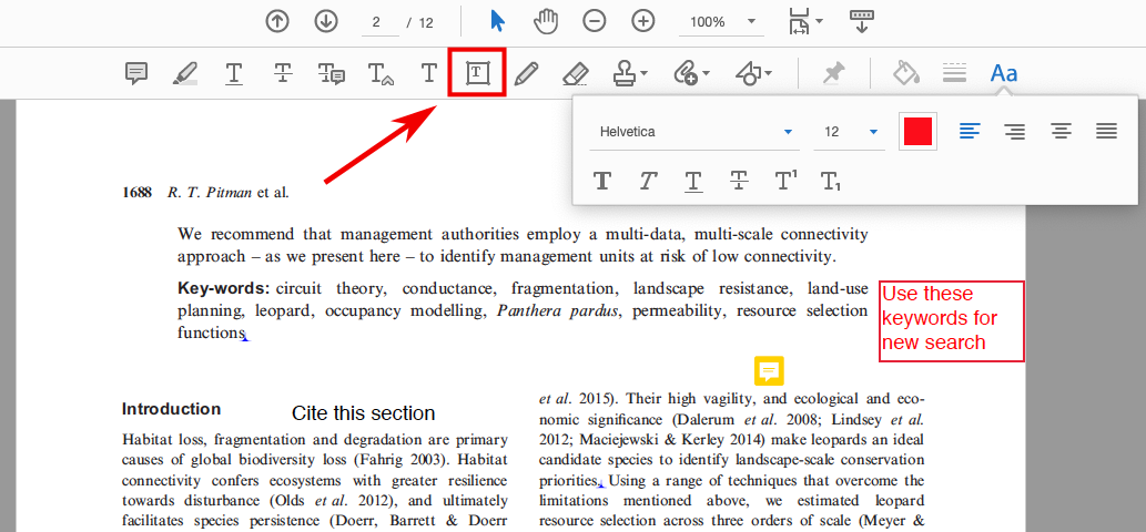 In this screenshot the add a text box button, which is an icon of a capital "t" in a small box, has a red box around it and a red arrow pointing to it. In the margin of the document, a red text box has been added and contains the following text: "Use these keywords for new search."