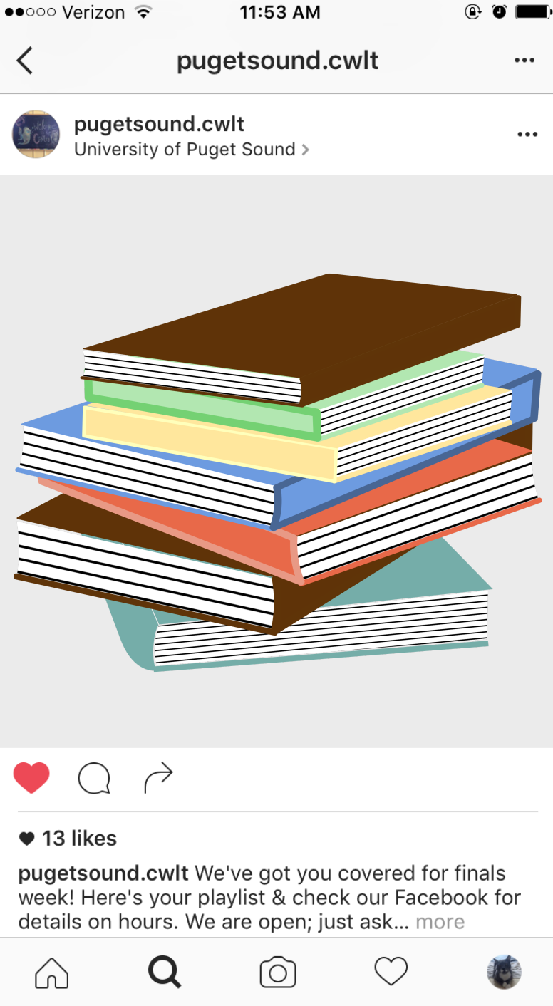 A screenshot of an Instagram feed. The visible post is from the account @pugetsound.cwlt and features a stack of books.