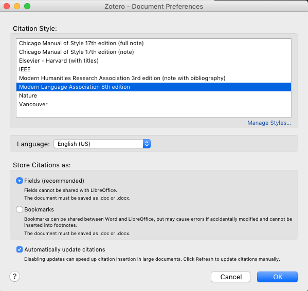 This image shows a pop-up window with the title "Zotero - Document Preferences." A box at the top of the window is titled "Citation Style" and has a number of options listed; "Modern Language Association 8th edition" is selected in blue.