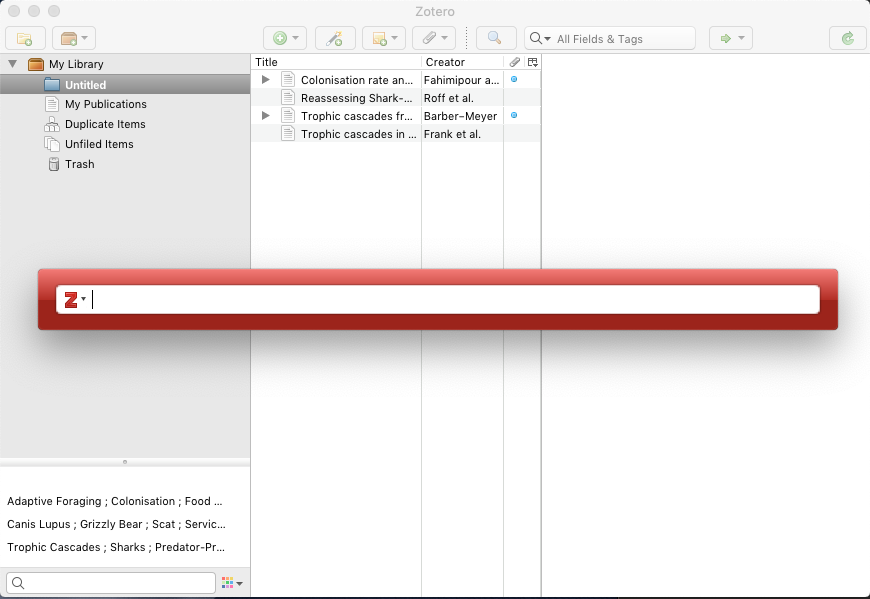 This image shows a screenshot of a Zotero library. Over the top of the image is a large search bar with a red border and a red "Z" logo on the left.