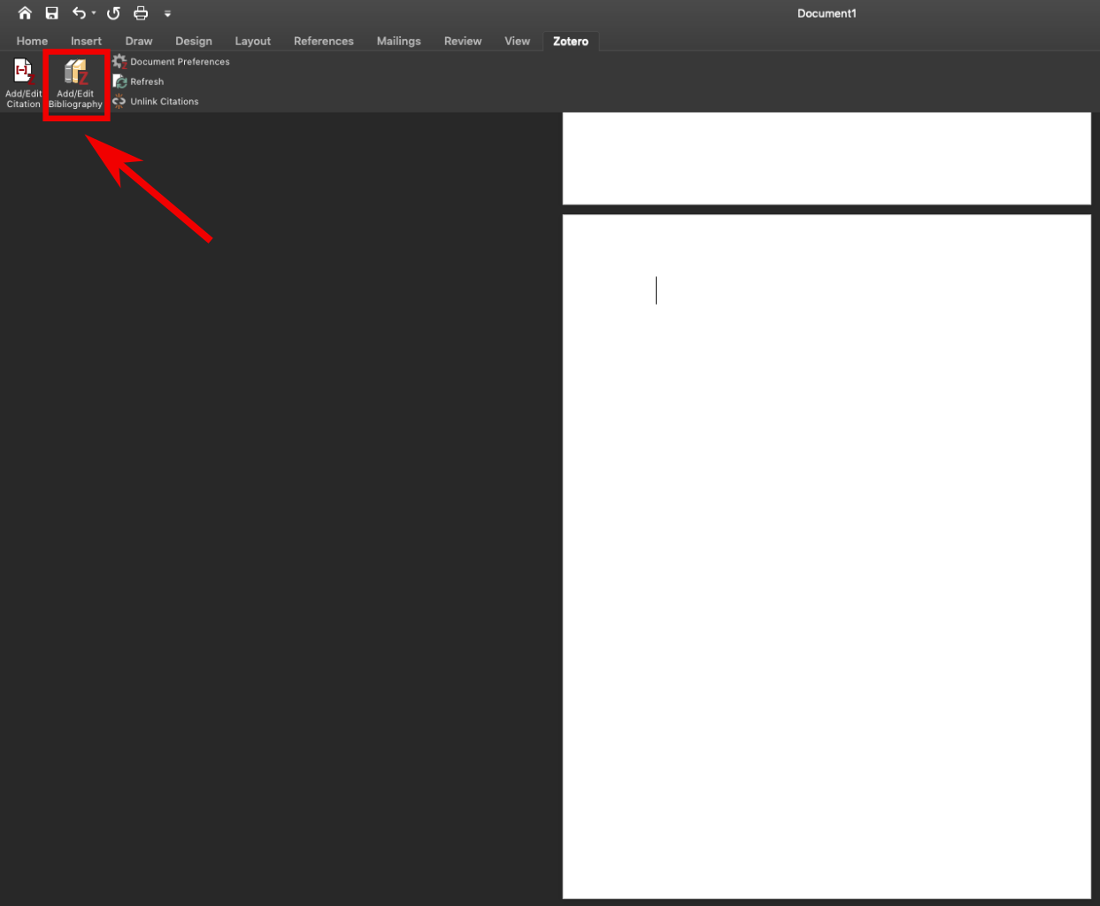 This image shows a blank page in a word document with the "Zotero" tab open in the menu at the top of the page. The menu option "Add/Edit Bibliography," which has an icon of two books with a red "Z" next to them,” is emphasized with a red box around it and a red arrow pointing to it.
