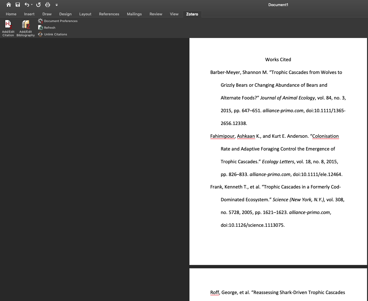 This image shows the same word document with a formatted bibliography for several sources added.