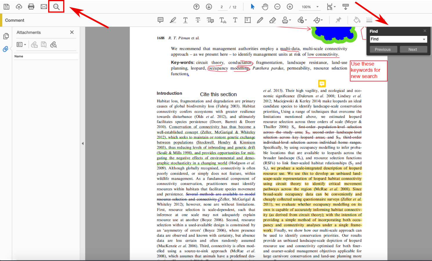 In this screenshot of the same document, the magnifying glass in the top left of the window is in a red box and has a red arrow pointing to it. In the upper-right is a small pop-up window with the text "find" at the top and a white bar for typing text. Below the bar for text are two gray buttons that read "previous" and "next."