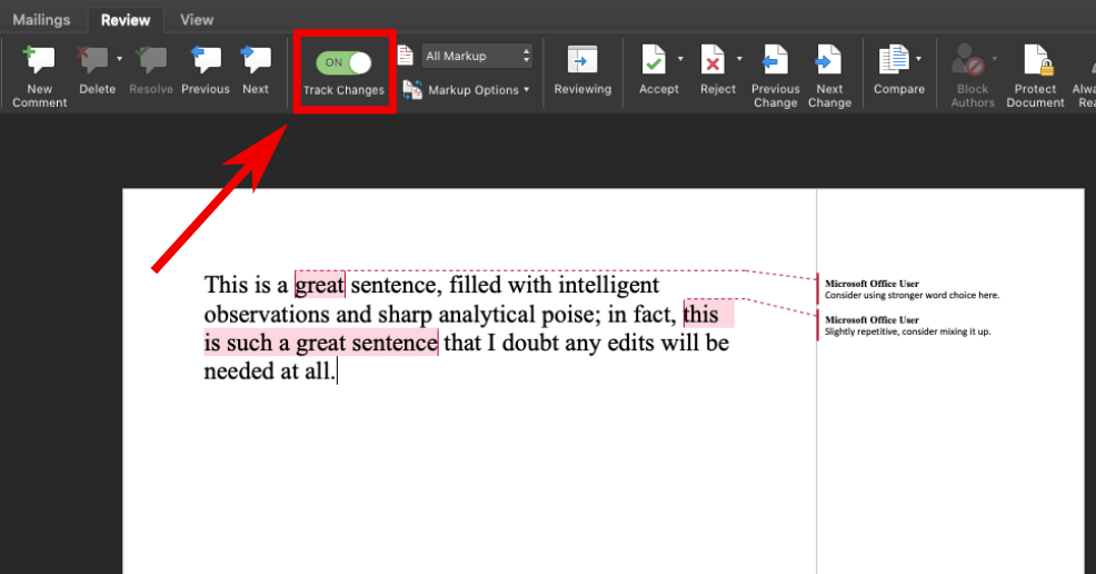 This image shows the same document. An additional comment has been added on the phrase "this is such a great sentence" and reads "Slightly repetitive, consider mixing it up." In the "Review" toolbar, the "Track changes" option has been turned on. It is emphasized with a red box around it and a red arrow pointing to it.