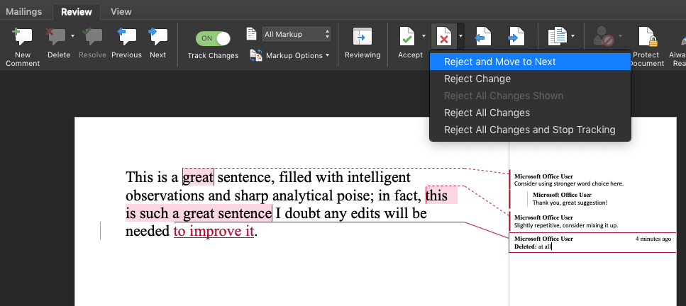 This image shows the same document, with the cursor over the "Reject" option in the Review" toolbar, which is accompanied by an image of a sheet of paper with a red X-mark. A drop-down menu is available, and the option "Reject and move to next" is selected.