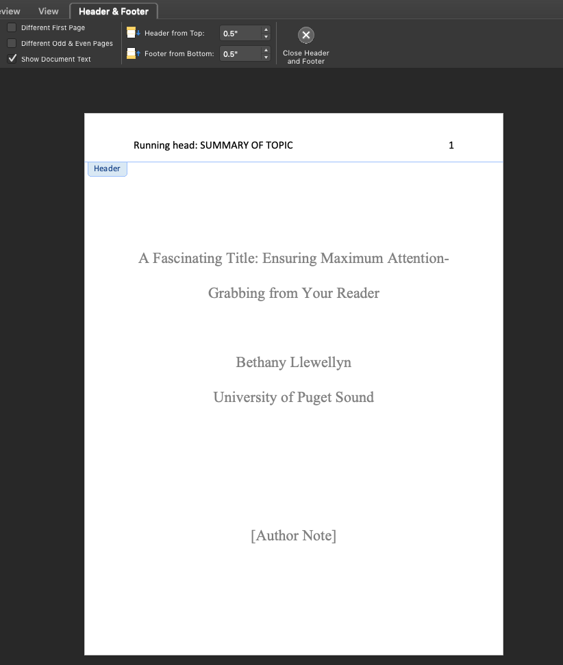 apa title page running head