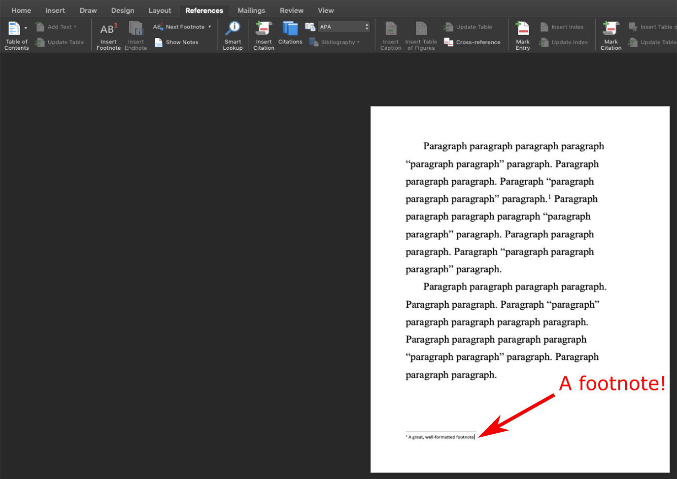 This image shows a screenshot of the same word document of the previous two images, but now a footnote has been added. A superscript "1" has been inserted where the cursor was in the previous image, and a footnote with citation information is at the bottom of the page. The footnote is emphasized with a red arrow and a note that reads "A footnote!"