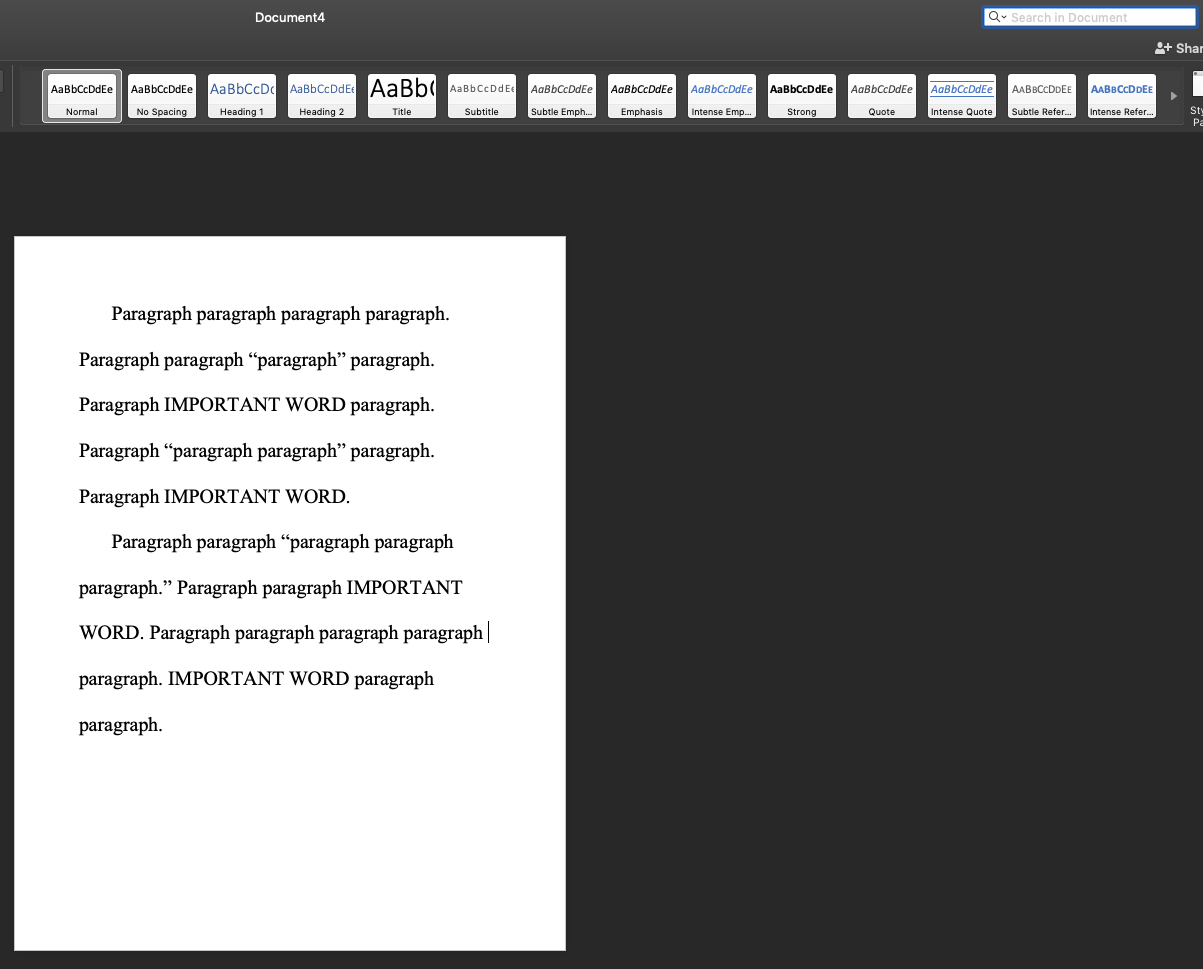 This image shows a screenshot of a word document with two paragraphs of text. The paragraphs are mostly made up of the word "paragraph" repeated, but the phrase "IMPORTANT WORD" is interspersed four times.