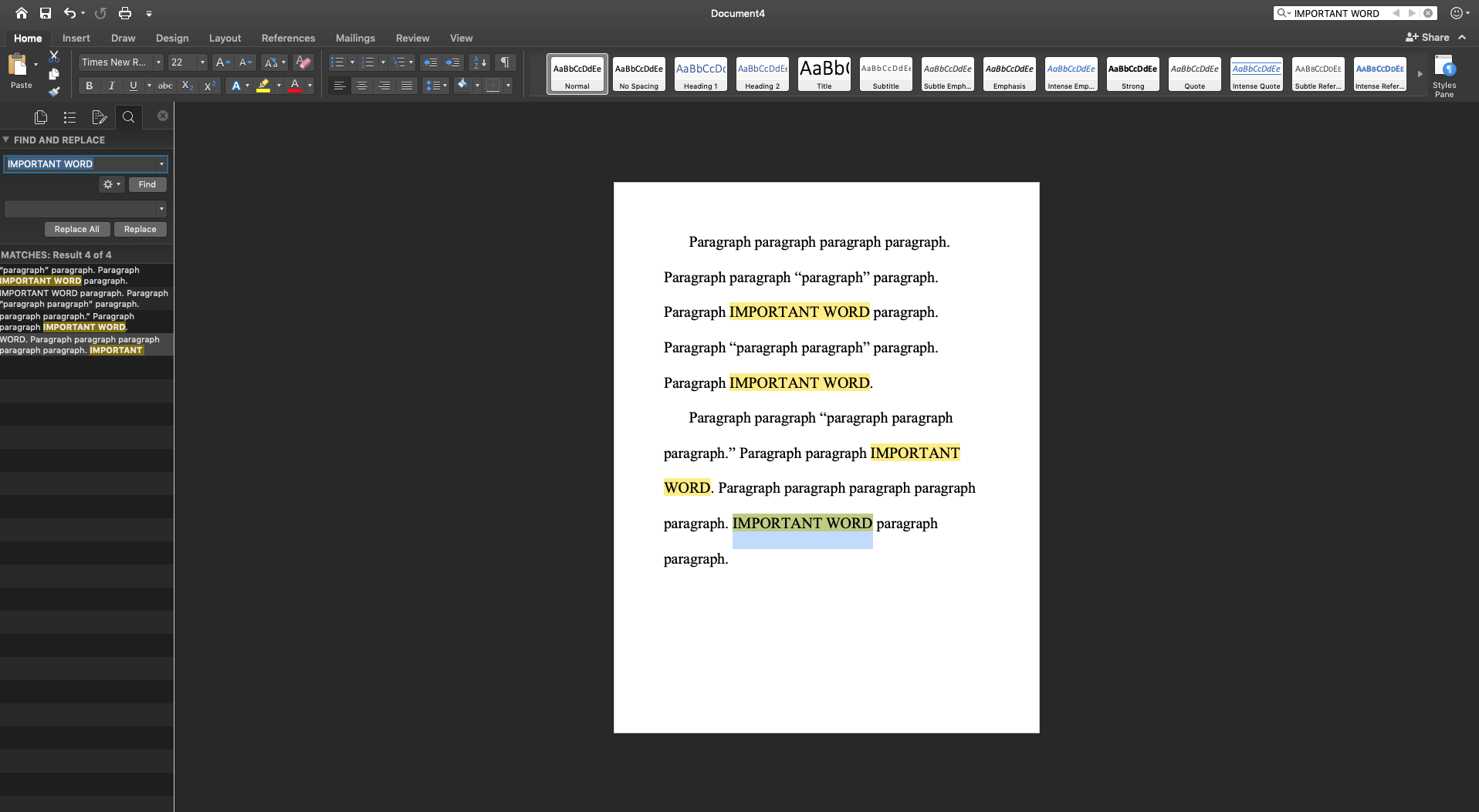 This image shows the same document, with every occurrence of "Important Word" highlighted in yellow. A toolbar titled "Find and Replace" is open on the left hand side of the screen, with the text "IMPORTANT WORD" entered in the search bar. Below the search bar is an empty gray bar that could be used for a replacement phrase. Below this bar is a list of every occurrence of "IMPORTANT WORD" in the text.