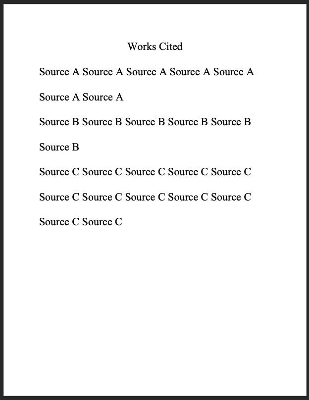 This image shows a screenshot of a word document works cited. Three citations are listed, each in a new paragraph, but with no indentations.