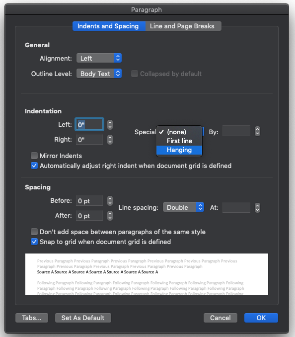 This is a screenshot of the "paragraph" menu options. The second section of the menu is titled "Indentation." On the right-hand of this section, next to "Special," the option "Hanging" is selected in the drop-down menu.