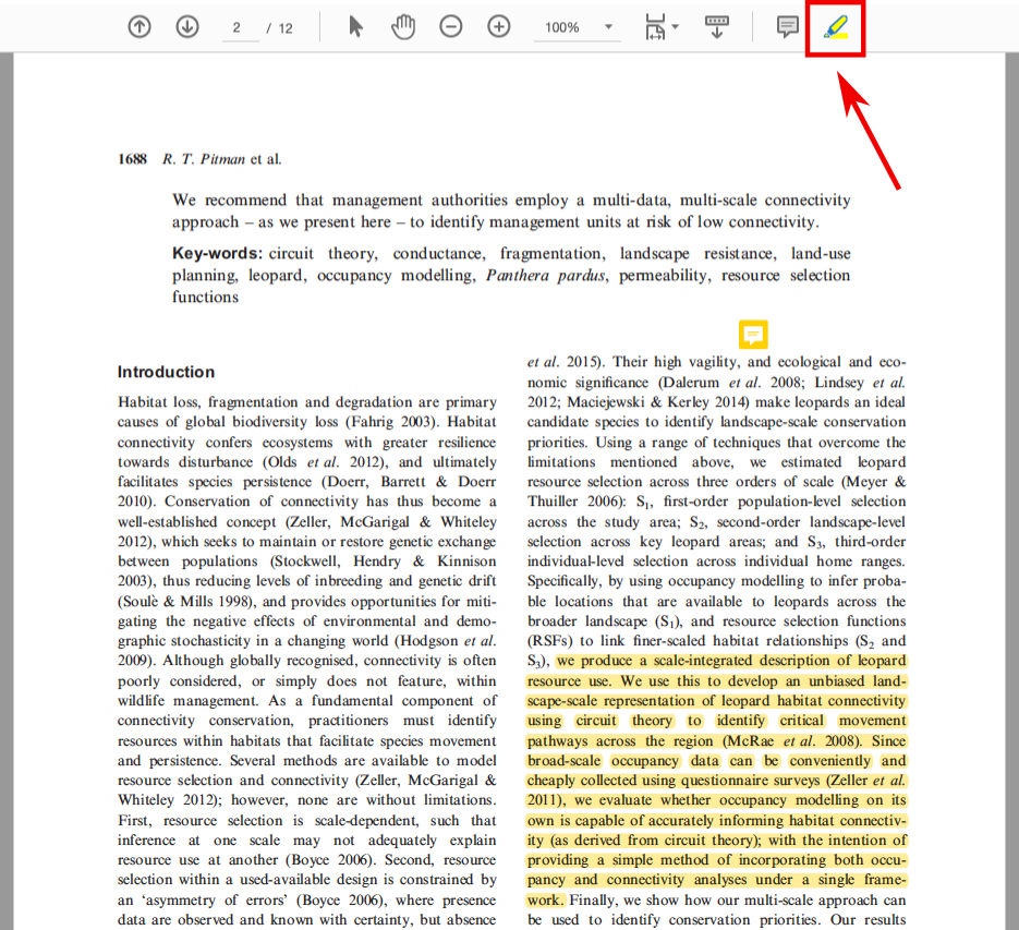 A screenshot of the same article open in Adobe Acrobat; the highlight button in the upper toolbar, which is a symbol of a highlighter, is emphasized with a red box and arrow. Several sentences of text near the end of the page have been highlighted in yellow.