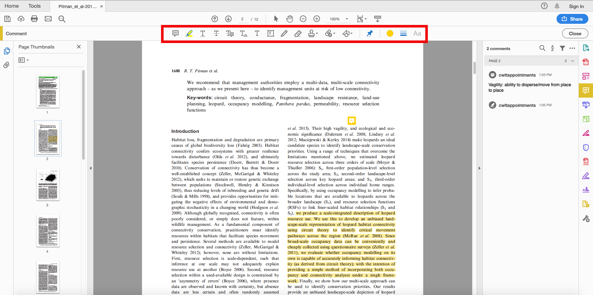 In this screenshot, the same journal article as above is open in Adobe Acrobat, but an additional toolbar featuring various icons has been added and is outlined in red.