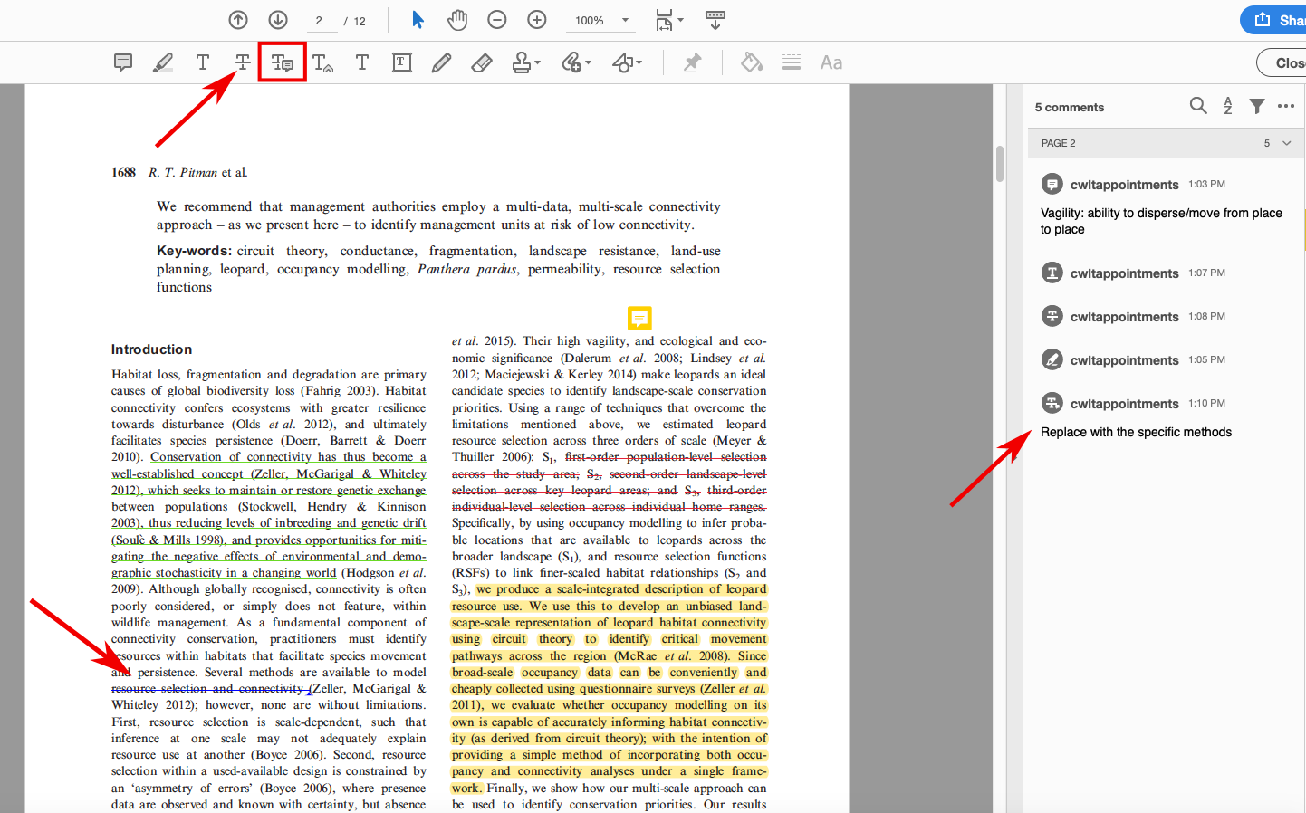 This image is a screenshot of the same PDF document shown above open in Adobe Acrobat. The replace button in the toolbar, which is to the right of the strikethrough button and indicated by a capital "t" with a line through it and a small speech bubble next to it, is outlined in red and has a red arrow pointing to it. In the main text, several lines are struck through in blue, and also indicated by a red arrow. A bar on the right side of the screen shows the replacement text, which reads "Replace with the specific methods."