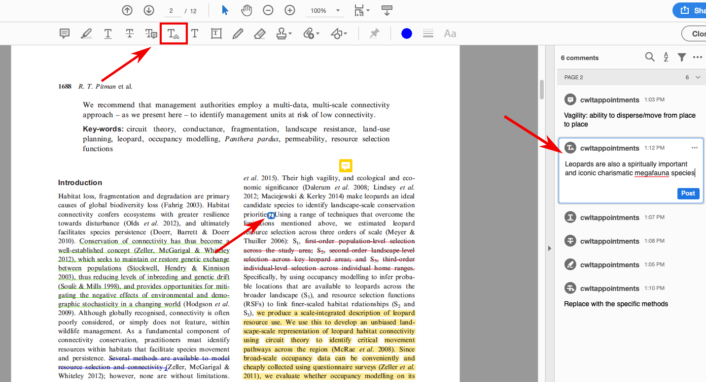 This image is a screenshot of the same PDF document shown above open in Adobe Acrobat. The insert button in the toolbar, indicated by a T with a subscript carrot next to it, is outlined in red and has a red arrow pointing to it. In the text, a small blue box with a carrot in it also has a red arrow pointing to it. In a column to the right of the page, a symbol that looks like the insert button is followed by the inserted text, which reads "Leopards are also a spiritually important and iconic charismatic megafauna species."
