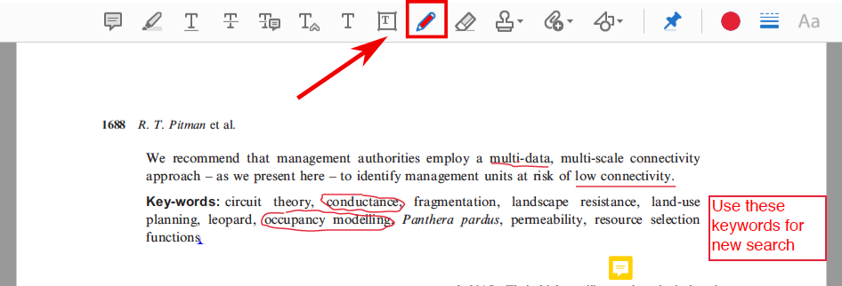 In this screenshot the free-form drawing button, which is an icon of a red pencil, has a red box around it and a red arrow pointing to it. In the text of the article, the keywords "conductance" and "occupancy modelling" are outlined in red free-form lines. The words "multi-data" and "low connectivity" in the introduction are also underlined with free-form red lines.