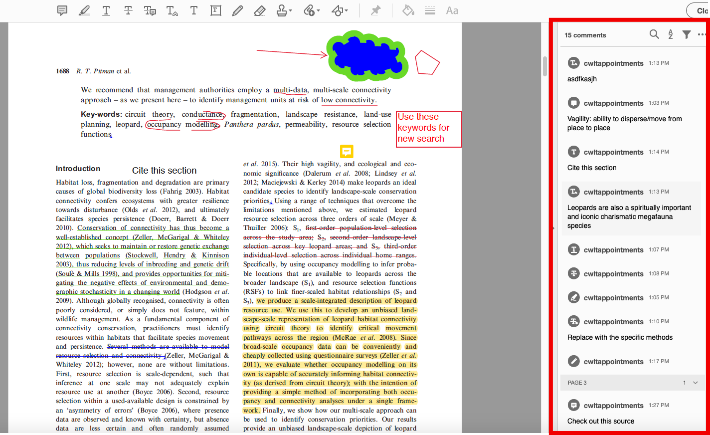 This image shows a screenshot of the same PDF used throughout this section, open in Adobe Acrobat. A bar on the right side of the screen is outlined in red. It shows every modification that has been made to the document, with the name of the user who made the change, time of the change, and icon indicating the type of change. Text of comments or replaced text is also present in this bar.