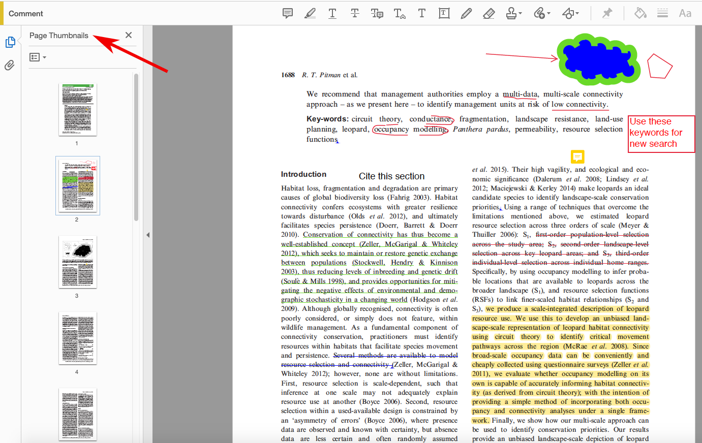 This is a screenshot of the same PDF document. On the left side of the page, a bar is open with small images of each page in the document. A small title that reads "Page Thumbnails" at the top of this bar has a red arrow pointing to it. To the left of the title, a small logo showing two pieces of paper is highlighted in blue.