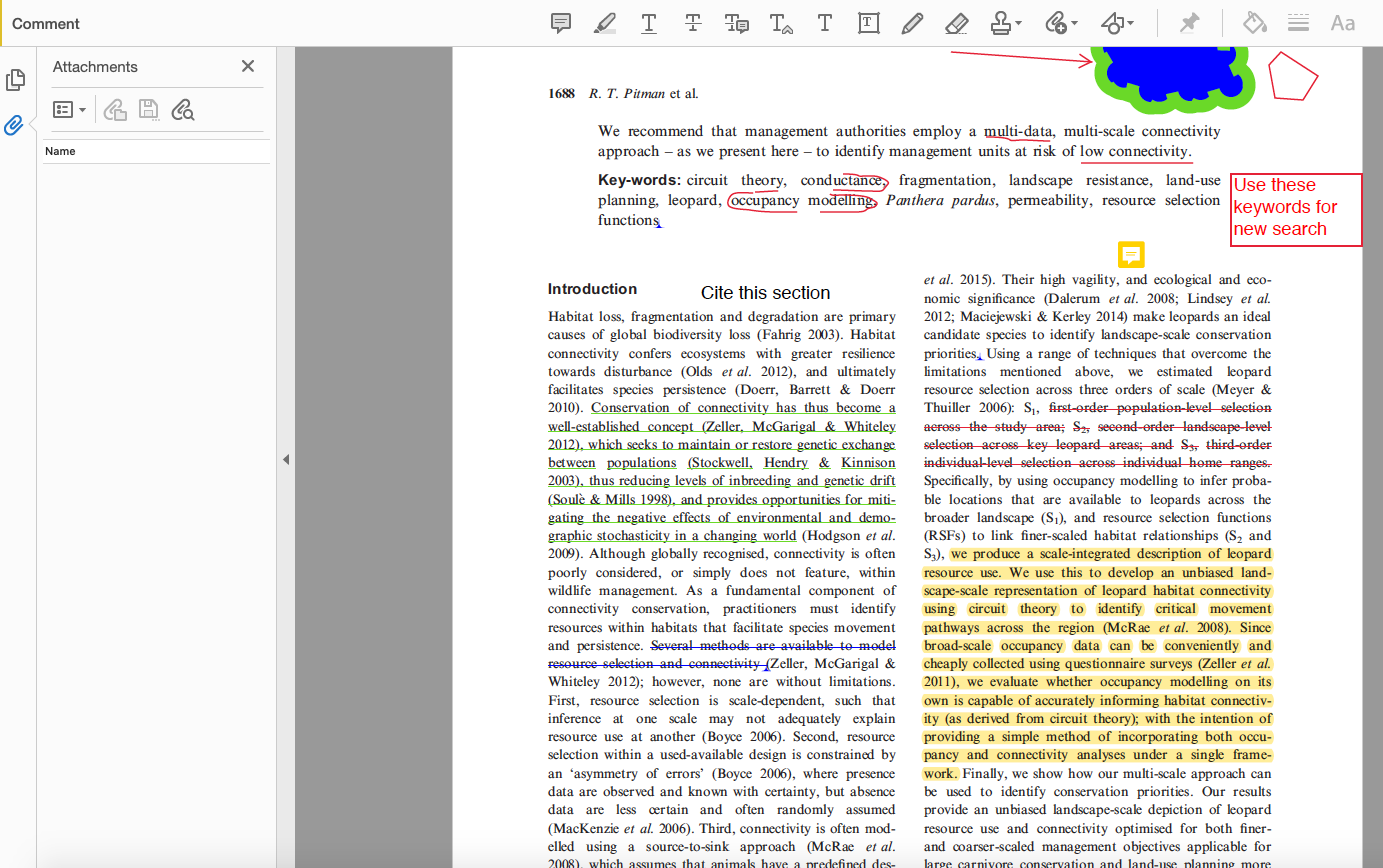 In this screenshot, the bar on the left instead shows an outline of the document. On the far left, a small logo of a paper clip is highlighted in blue.