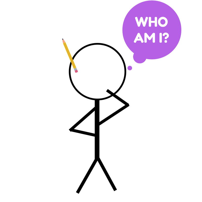 A stick figure in a thoughtful stance has a purple thought bubble that reads "Who am I?" and also has a pencil next to their head.